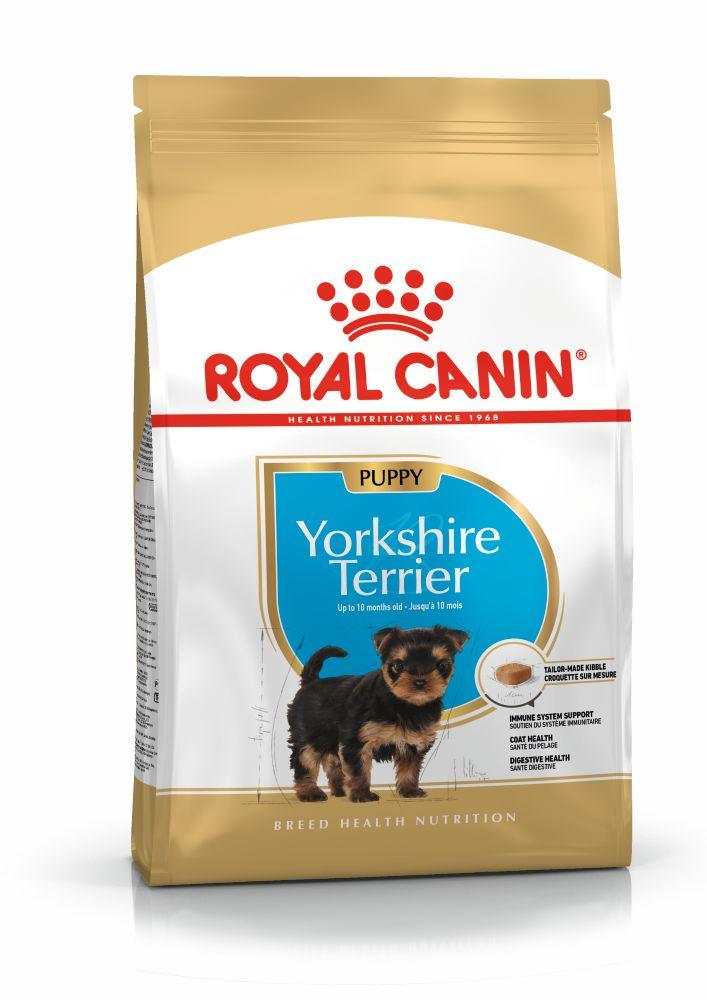 Royal Canin Yorkshire Terrier puppy dog food bag with puppy image and breed health nutrition label