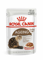 Royal Canin Ageing 12+ cat food pouch for senior cats with gravy, featuring a tabby cat image