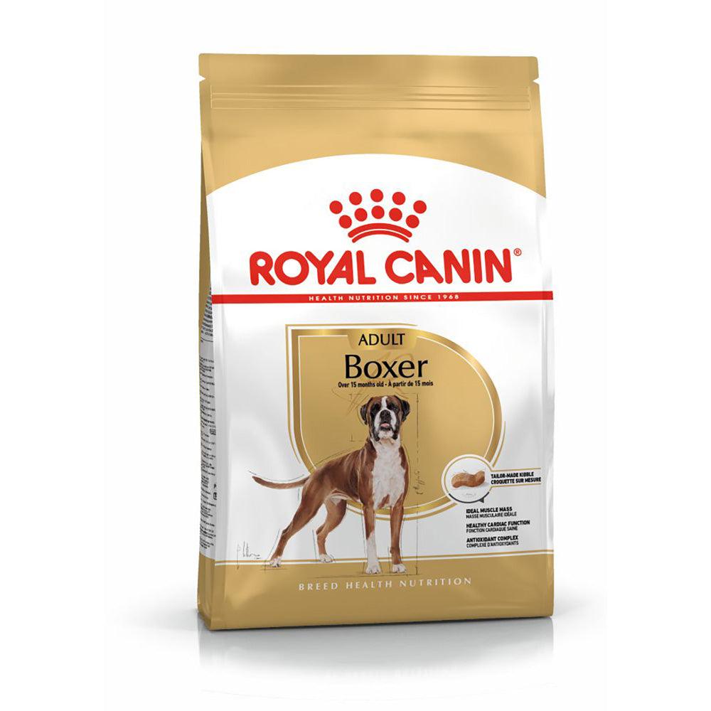 Royal Canin Adult Boxer dog food bag with image of a boxer dog and nutrition claims