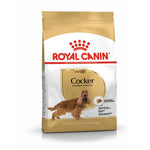Royal Canin Adult Cocker dog food bag with brown Cocker Spaniel image and breed health nutrition