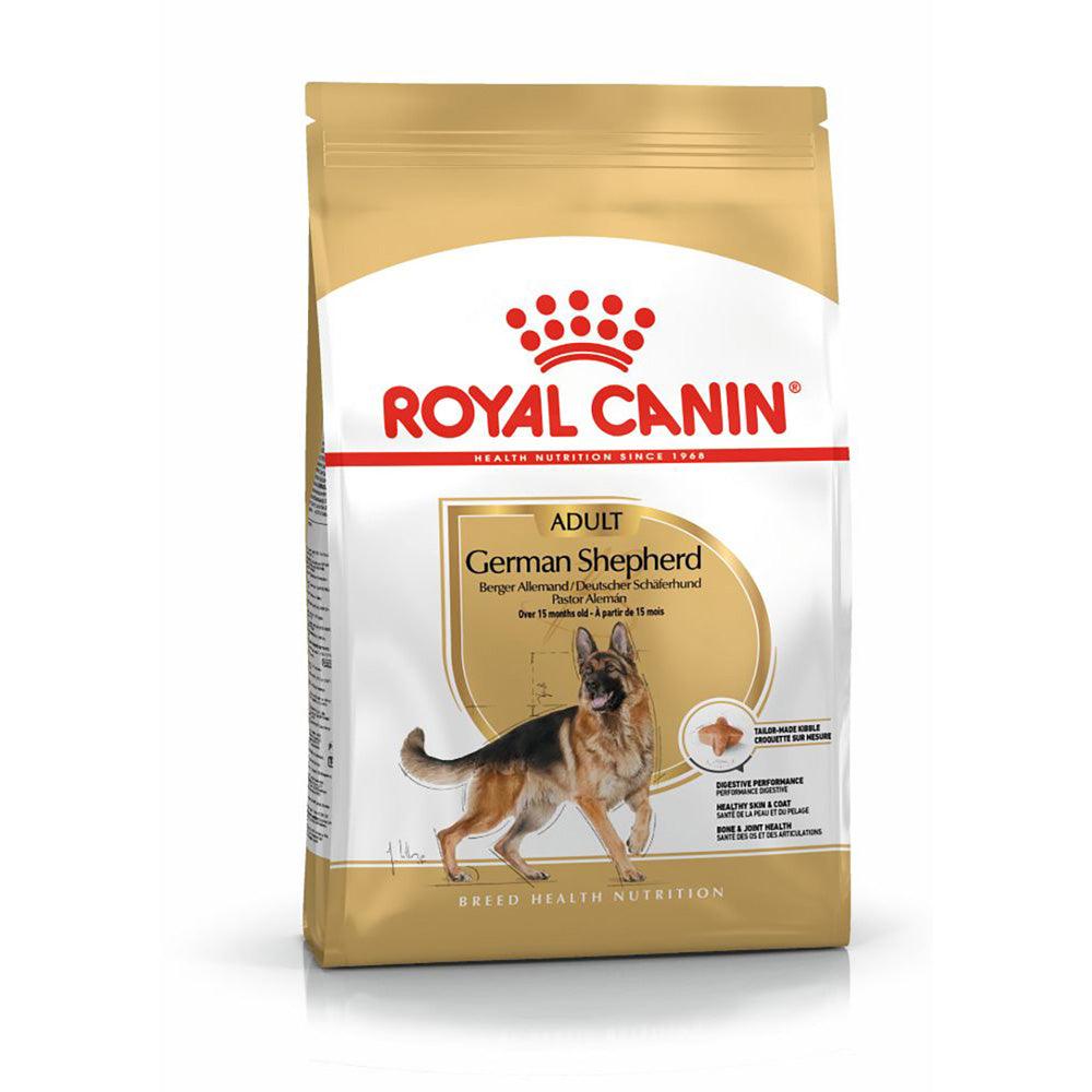 Royal Canin Adult German Shepherd dry dog food bag with breed health nutrition formula