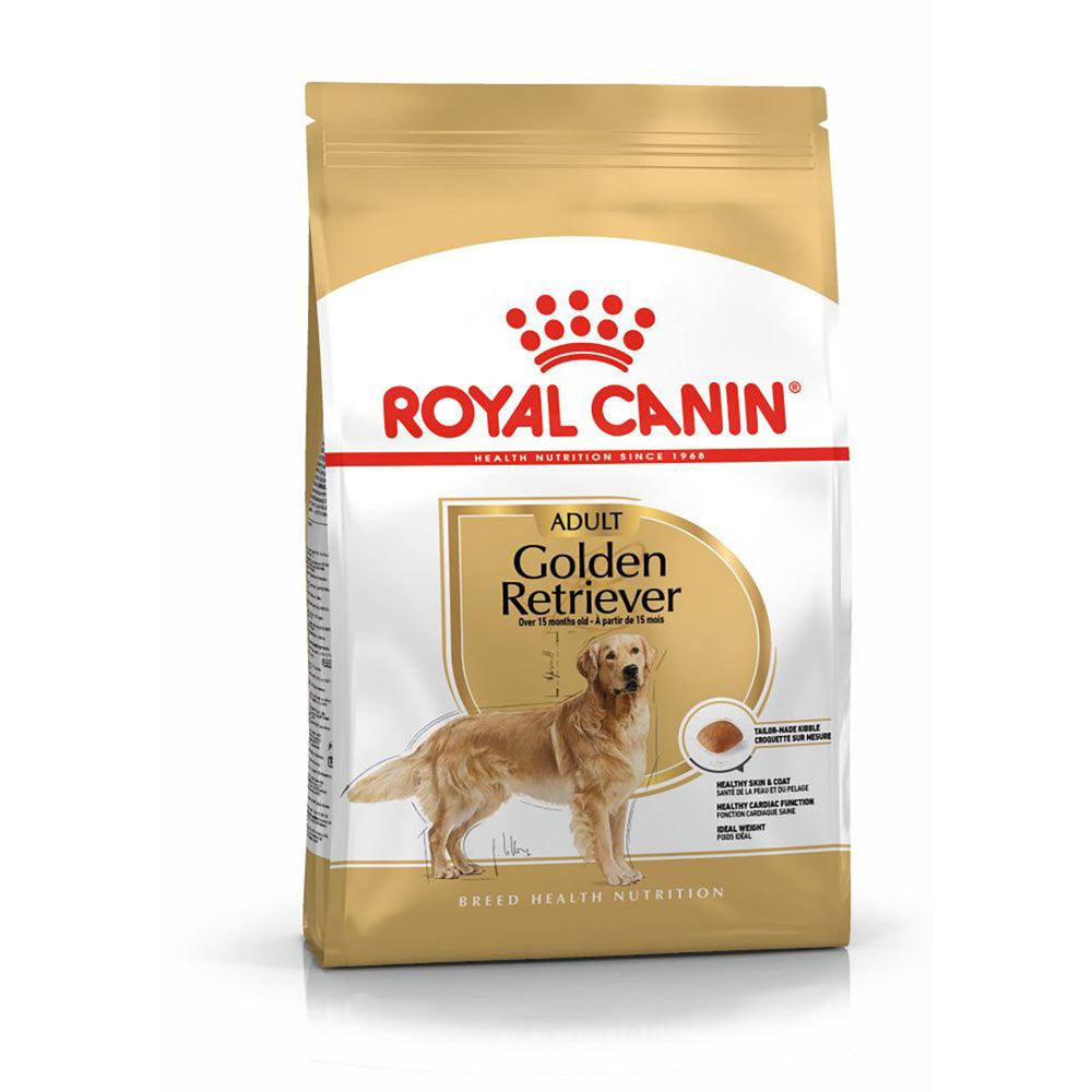 Royal Canin adult Golden Retriever dog food bag with image of a golden retriever and breed health nutrition