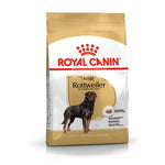 Royal Canin adult Rottweiler dog food bag with breed image and health benefit icons