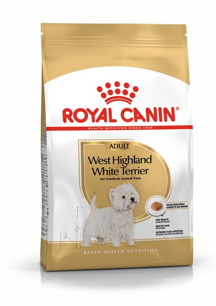 Royal Canin Adult West Highland White Terrier dry dog food bag for coat health and fussy appetites