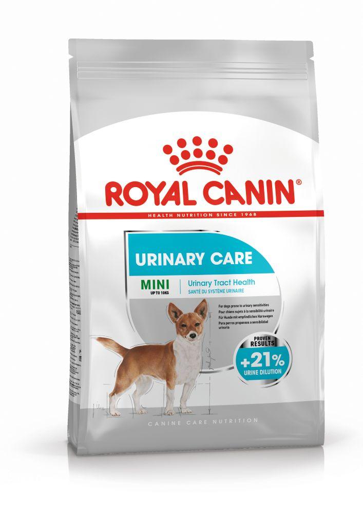 Royal Canin Mini Urinary Care dog food bag for small dogs up to 10kg, promoting urinary tract health