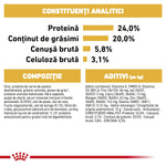 Nutritional analysis and ingredients chart for pet food in Romanian showing protein 24%, fat 20%, ash 5.8%, cellulose 3.1%