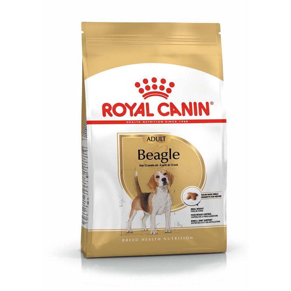 Royal Canin adult Beagle dog food bag with breed-specific nutrition and kibble image