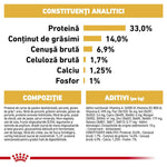 Analytical constituents and ingredient composition of pet food in Romanian, highlighting protein 33%, fat 14%, and minerals