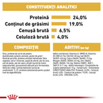 Romanian pet food label showing analytical constituents with protein 24%, fat content 19%, crude ash 6.5%, crude fiber 4%, composition and additives details