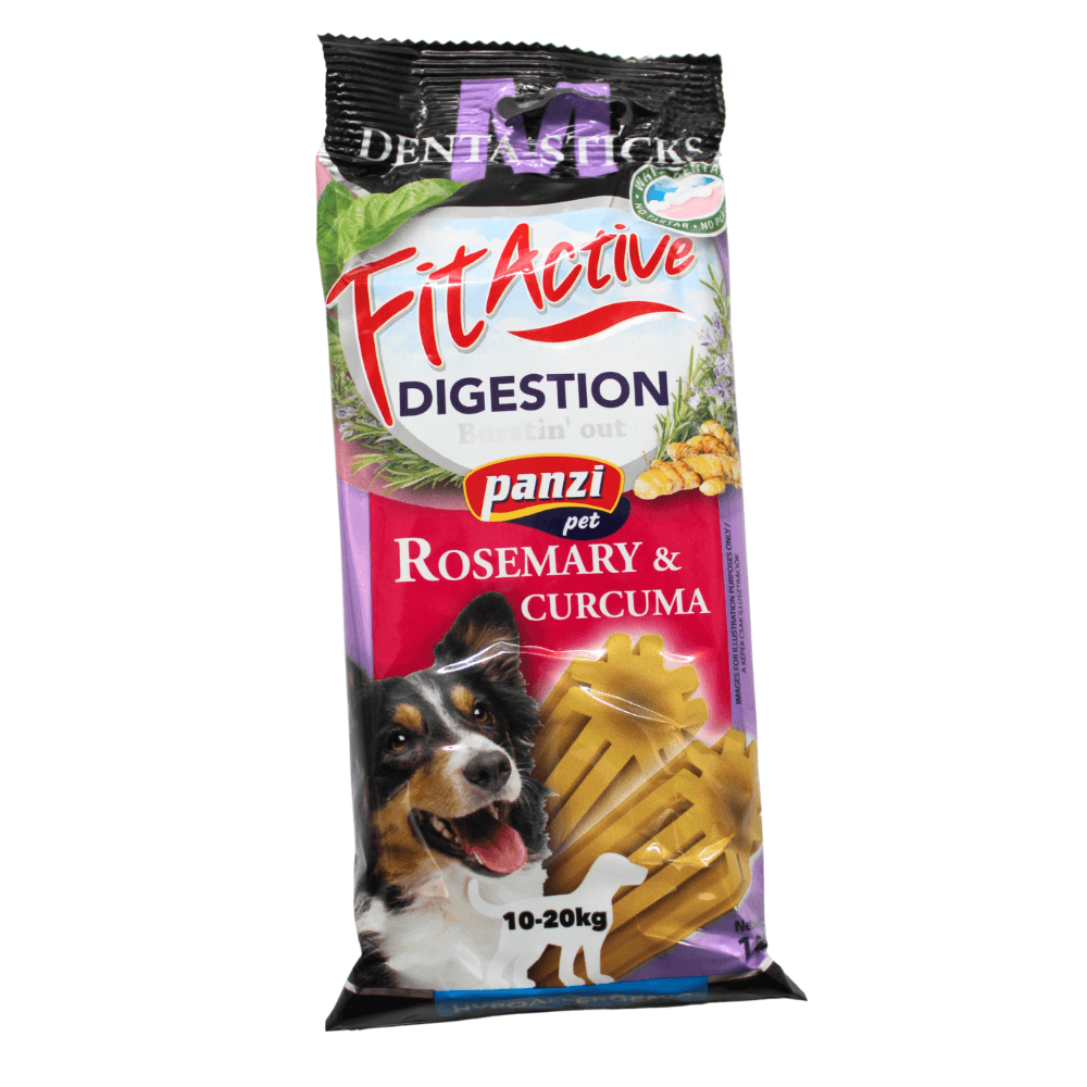 Panzi FitActive Digestion Rosemary & Curcuma dental sticks for dogs 10-20kg with dog image