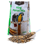 Bag of King Parrot Mix bird seed with colorful parrots on packaging and a scoop of mixed seeds