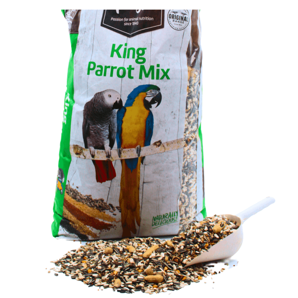 Bag of King Parrot Mix bird seed with colorful parrots on packaging and a scoop of mixed seeds