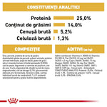 Nutritional analysis of pet food showing protein 25%, fat 14%, ash 5.2%, fiber 1.3% in Romanian
