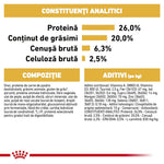 Nutritional composition chart with protein 26%, fat content 20%, crude ash 6.3%, crude fiber 2.5% in Romanian