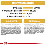 Analytical constituents and composition of pet food in Romanian with protein 29%, fat 16%, ash 7.4%, fiber 3.7%