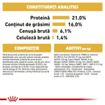 Analytical constituents chart showing protein 21%, fat 16%, crude ash 6.1%, crude fiber 1.4%, with composition and additives details in Romanian