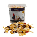Tropical fruit mix pet food for birds with colorful parrot images on container