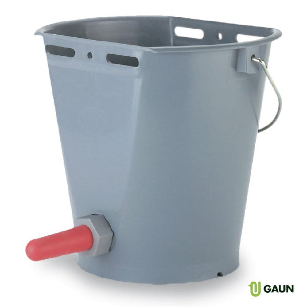 Gray plastic livestock water bucket with red rubber nipple and metal handle by GAUN