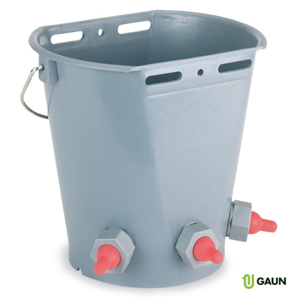 Gray plastic poultry waterer bucket with three red nipple drinkers and metal handle