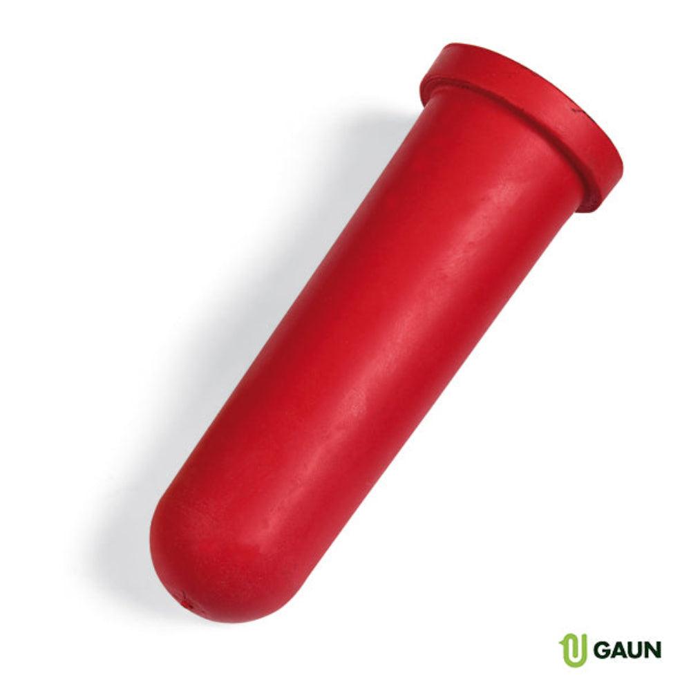 red plastic sausage stuffer tube on white background with Gaun logo