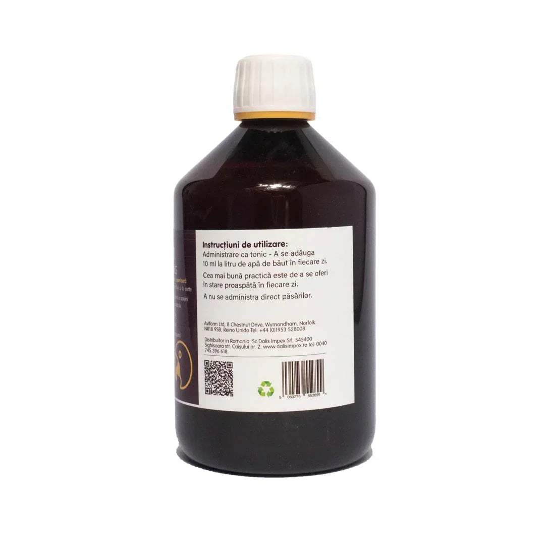 Dark brown plastic bottle with white cap showing usage instructions label in Romanian