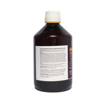 Dark brown 500ml Avigold Advance nutritional supplement bottle for pigeons with white label and white cap