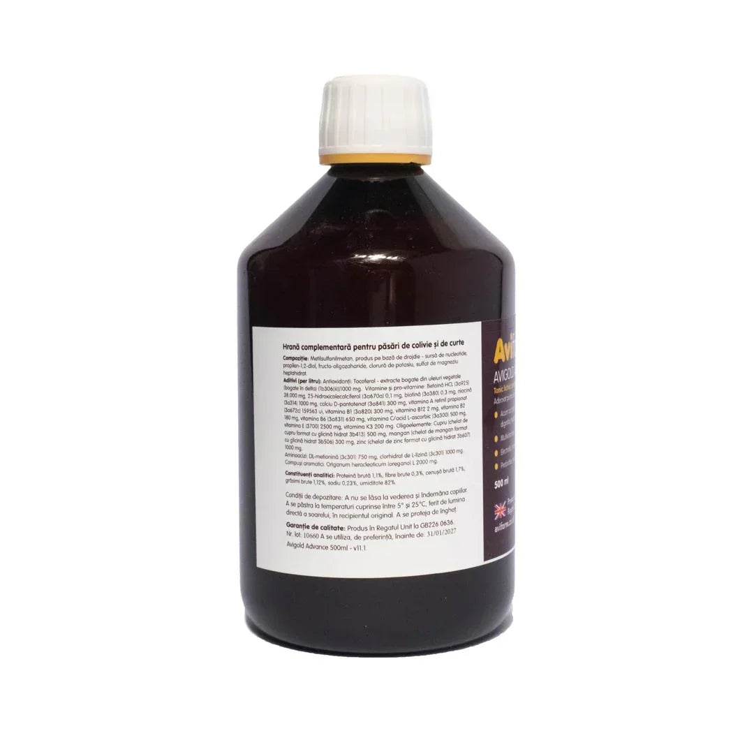Dark brown 500ml Avigold Advance nutritional supplement bottle for pigeons with white label and white cap