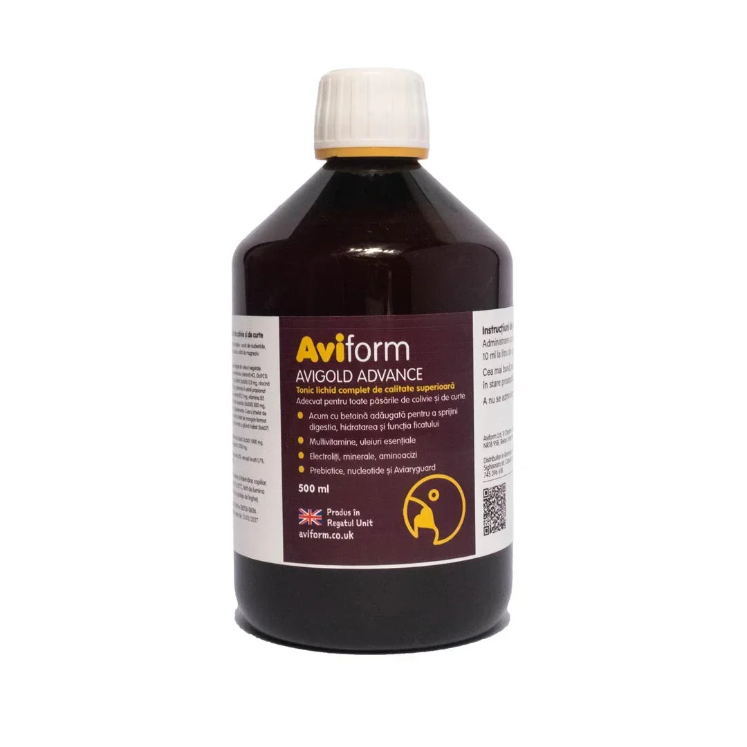 500ml brown bottle of Aviform Avigold Advance liquid tonic for poultry 
