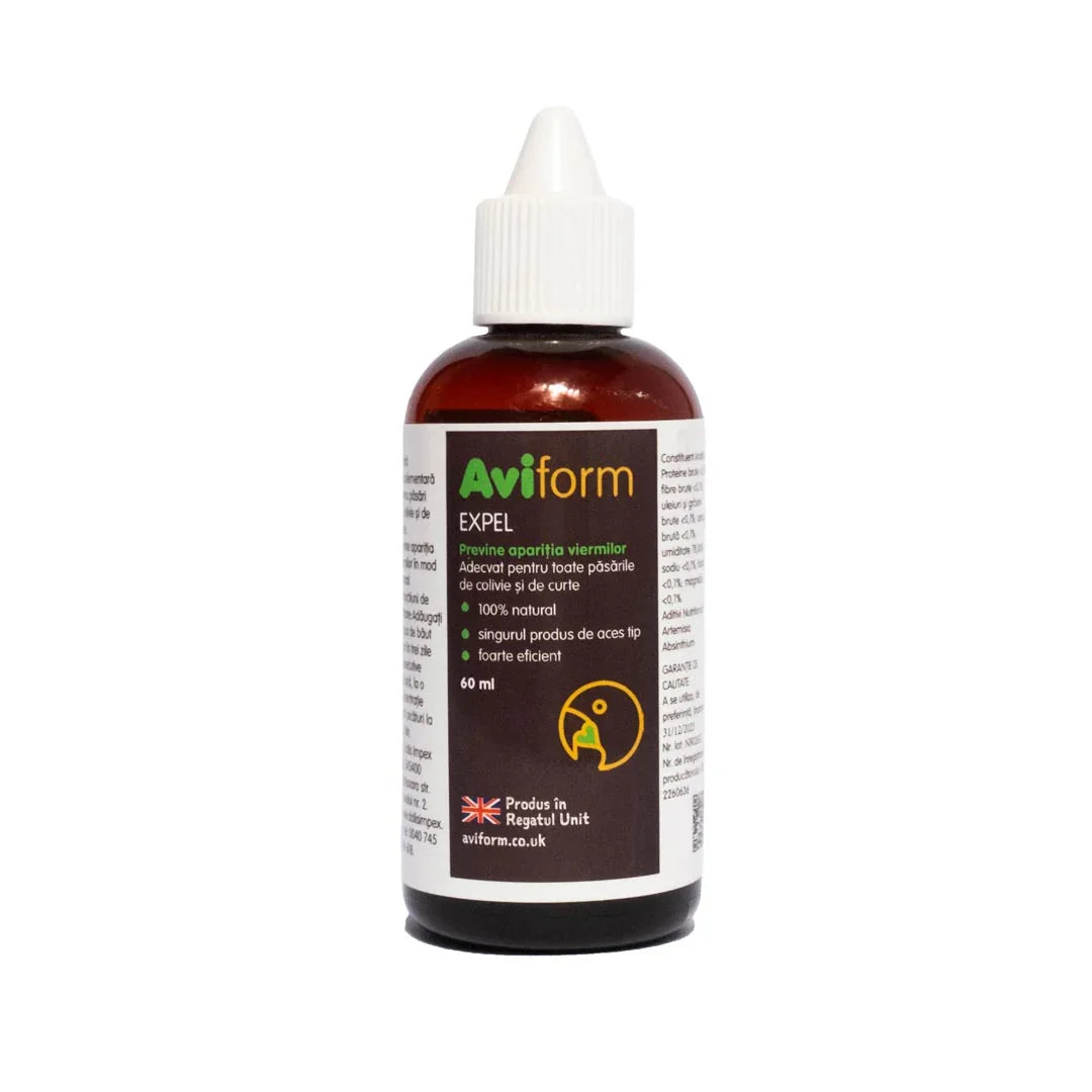 Aviform EXPEL 60ml natural bird worm prevention liquid in brown bottle with white cap