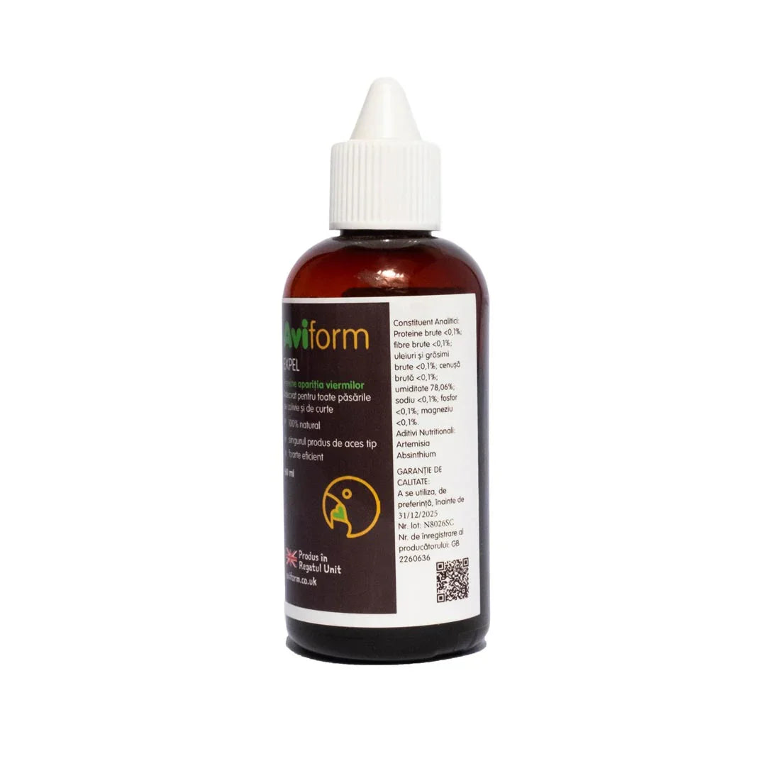 Aviform Expel bottle for bird worm treatment with English and Romanian text