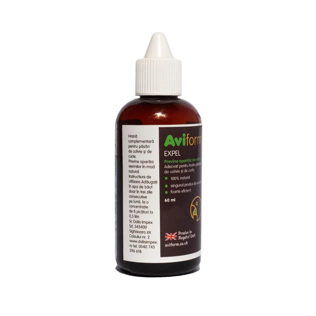 Aviform Expel 60ml natural bird worm prevention supplement in brown bottle with white cap