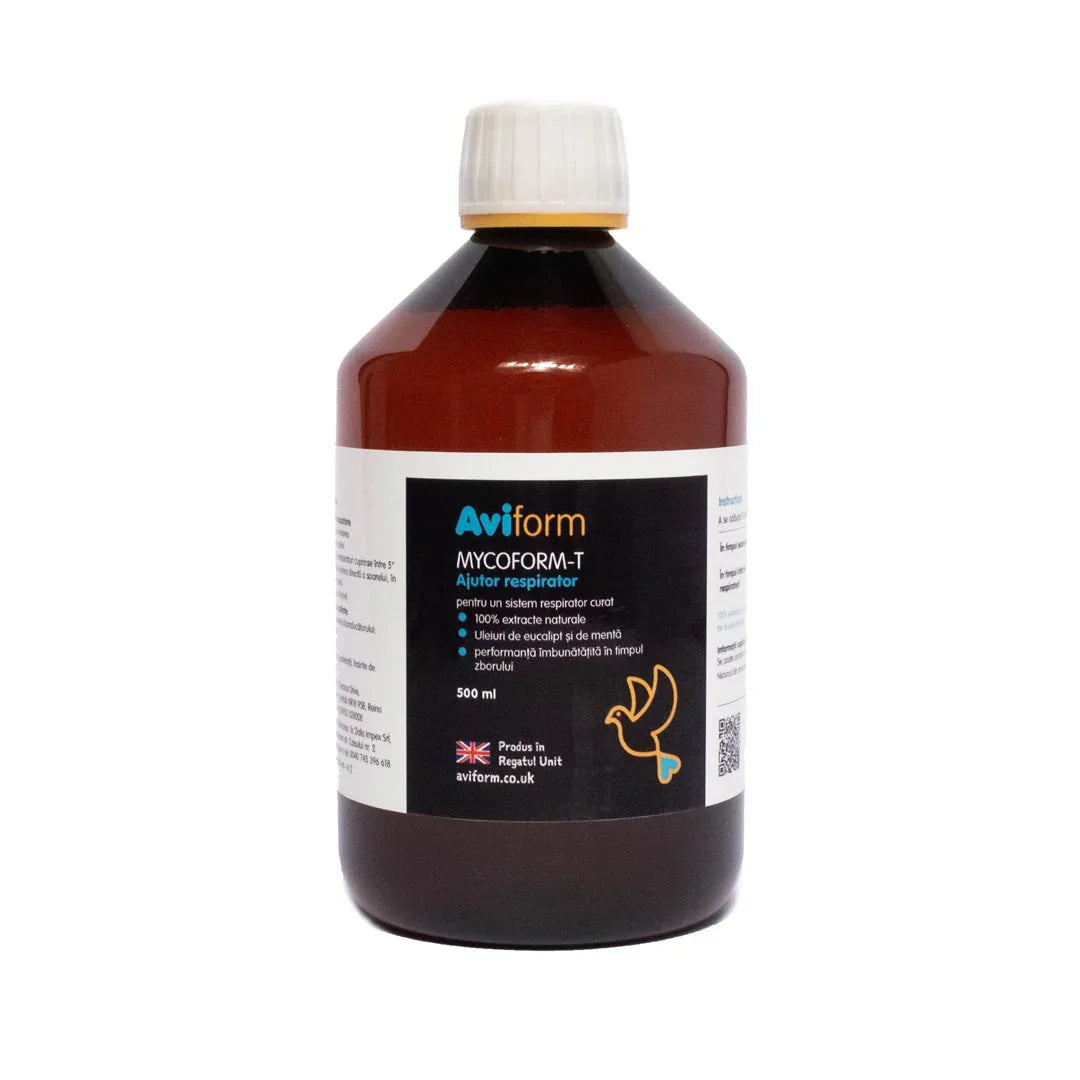 Aviform Mycoform-T respiratory aid supplement in 500ml amber bottle with white cap