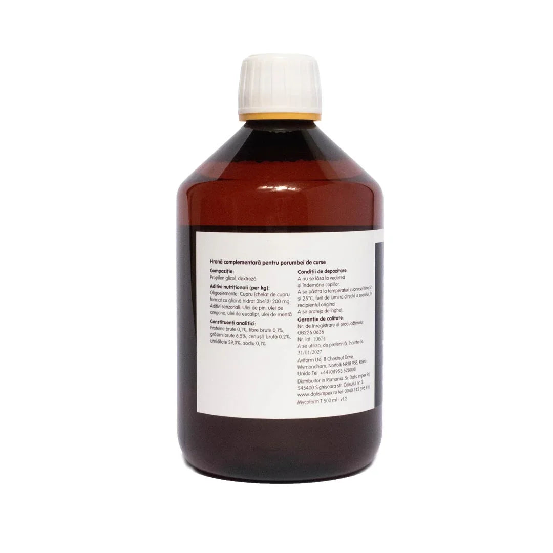 Brown plastic bottle with white cap and Romanian label for pigeon feed supplement