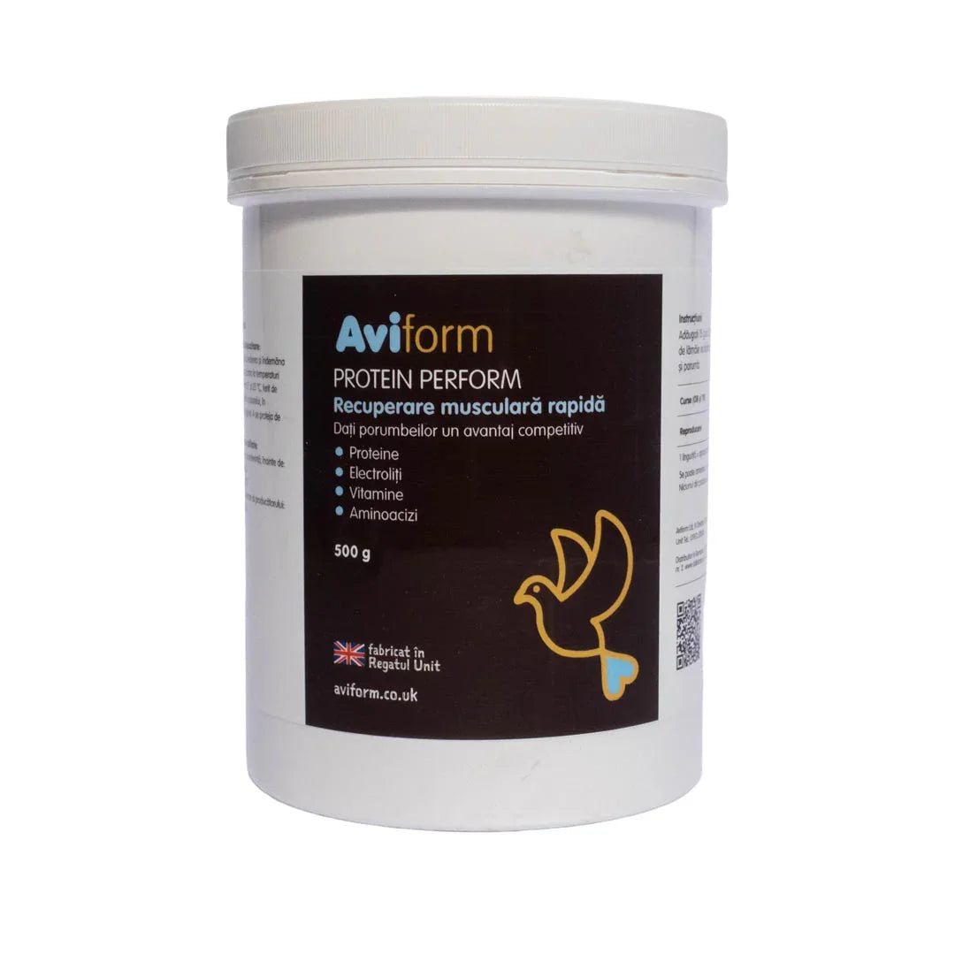 White container of Aviform Protein Perform for rapid muscle recovery with protein, electrolytes, vitamins, amino acids