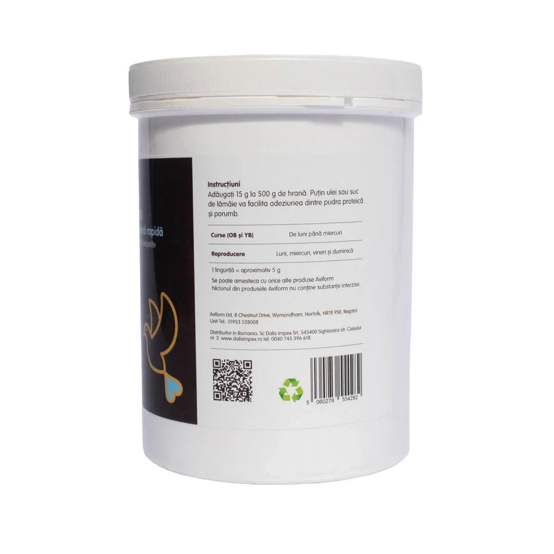 White container of Aviform protein bird supplement showing dosage instructions and recycling symbols