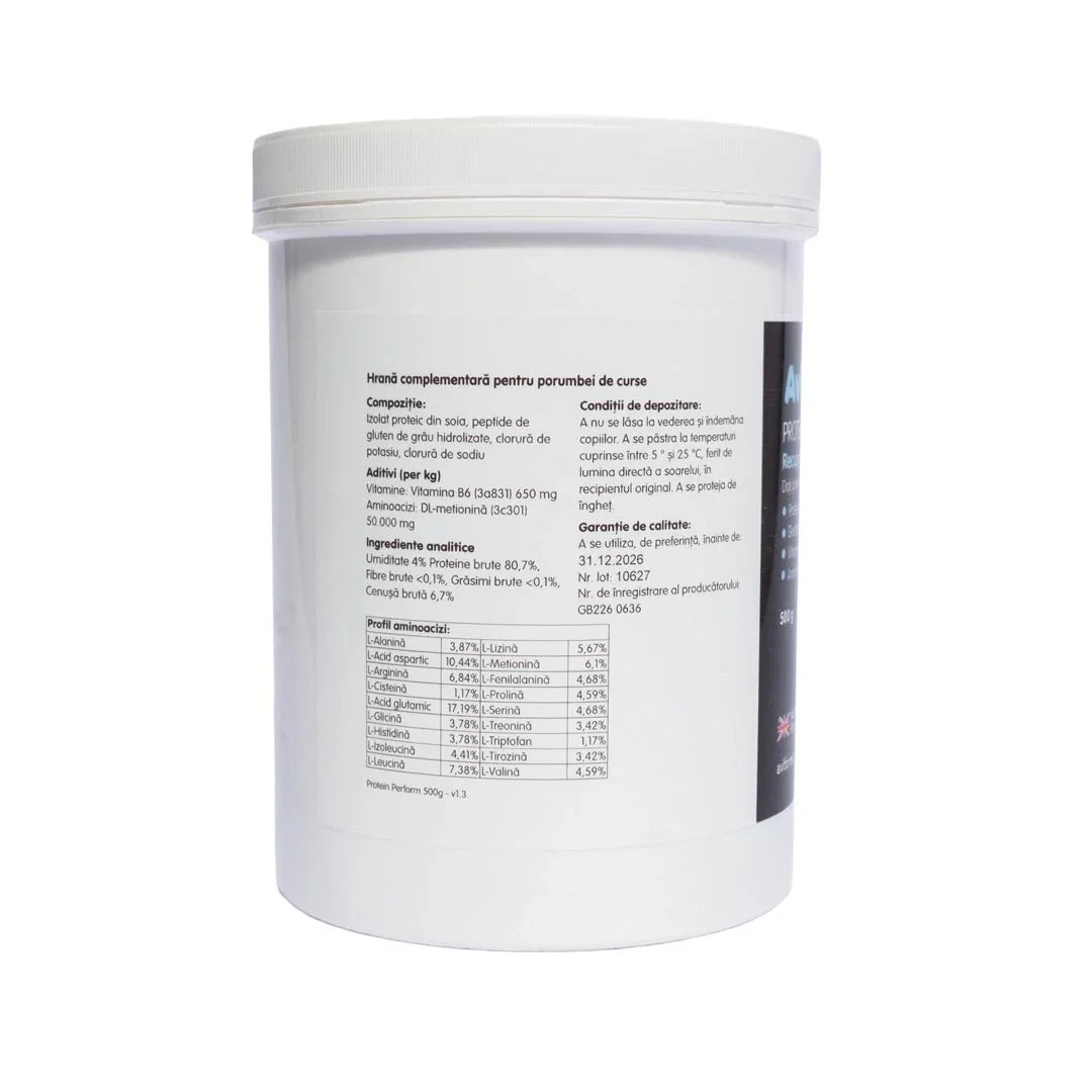 White container of Aviform Protein Perform dietary supplement for racing pigeons with nutritional and storage information