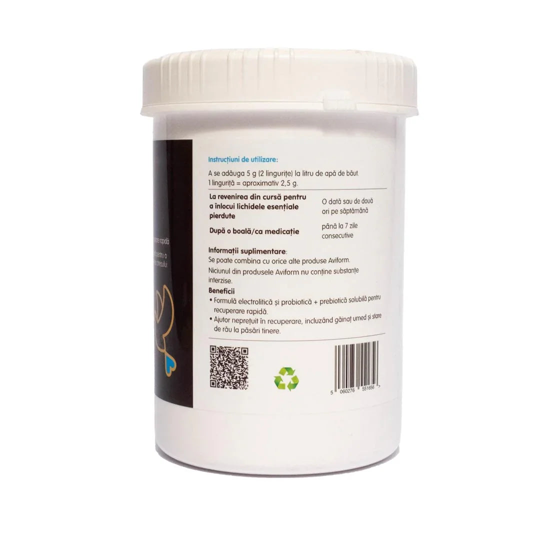 White container with Romanian probiotic and electrolyte supplement instructions, QR code, and recycling symbol