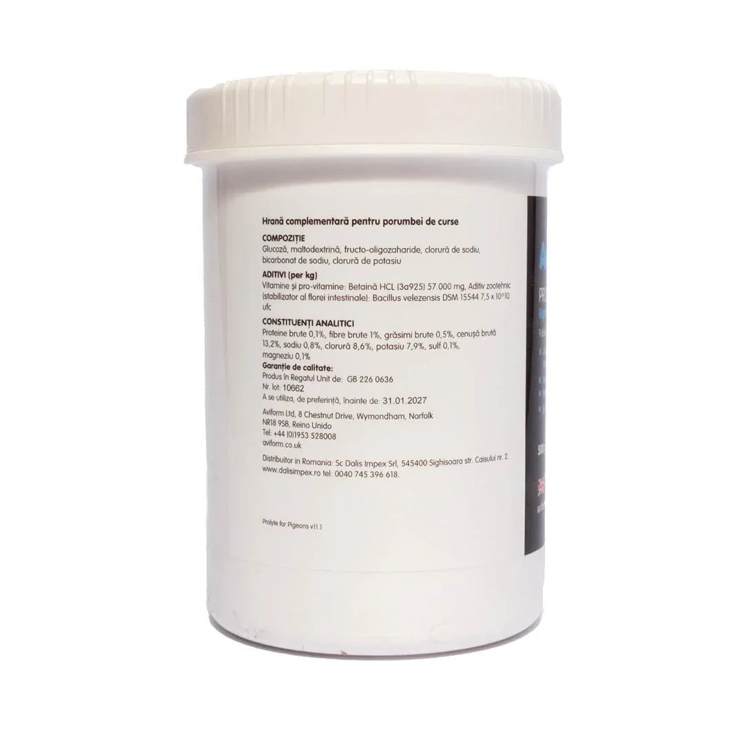 White plastic container of Aviform Prolyte pigeon feed supplement with nutritional information in Romanian