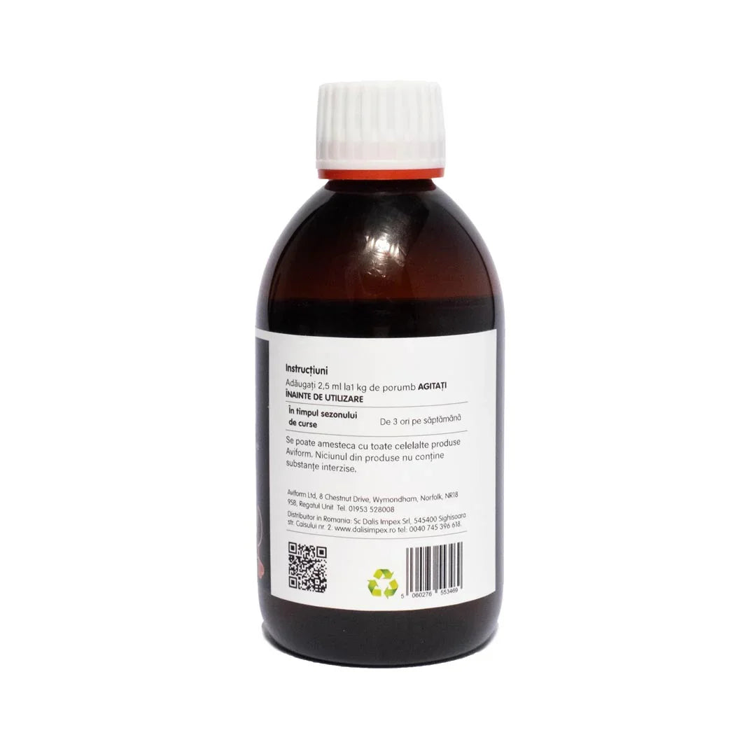 Brown plastic bottle with white cap and Romanian instructions label for agricultural product Aviform