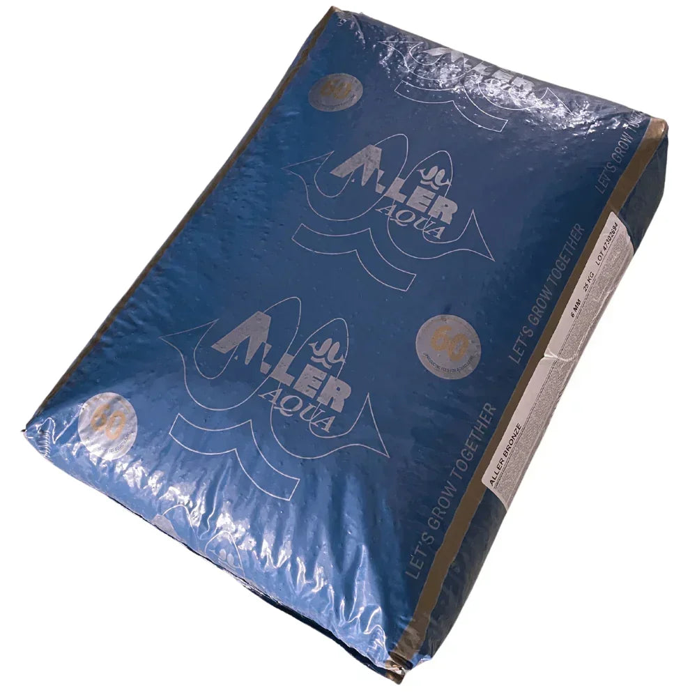Blue Aller Aqua feed bag for sturgeon fish with 25 kg label and logo on white background