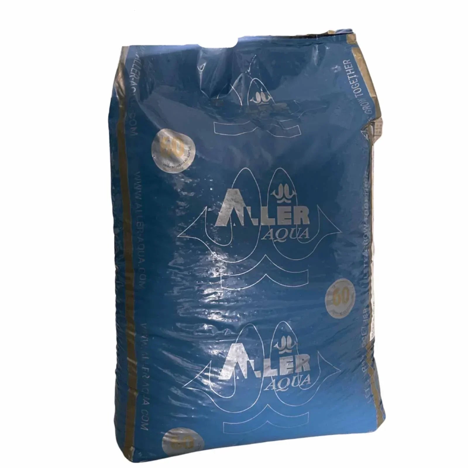 Blue Aller Aqua large fish feed bag with silver logo and markings on white background