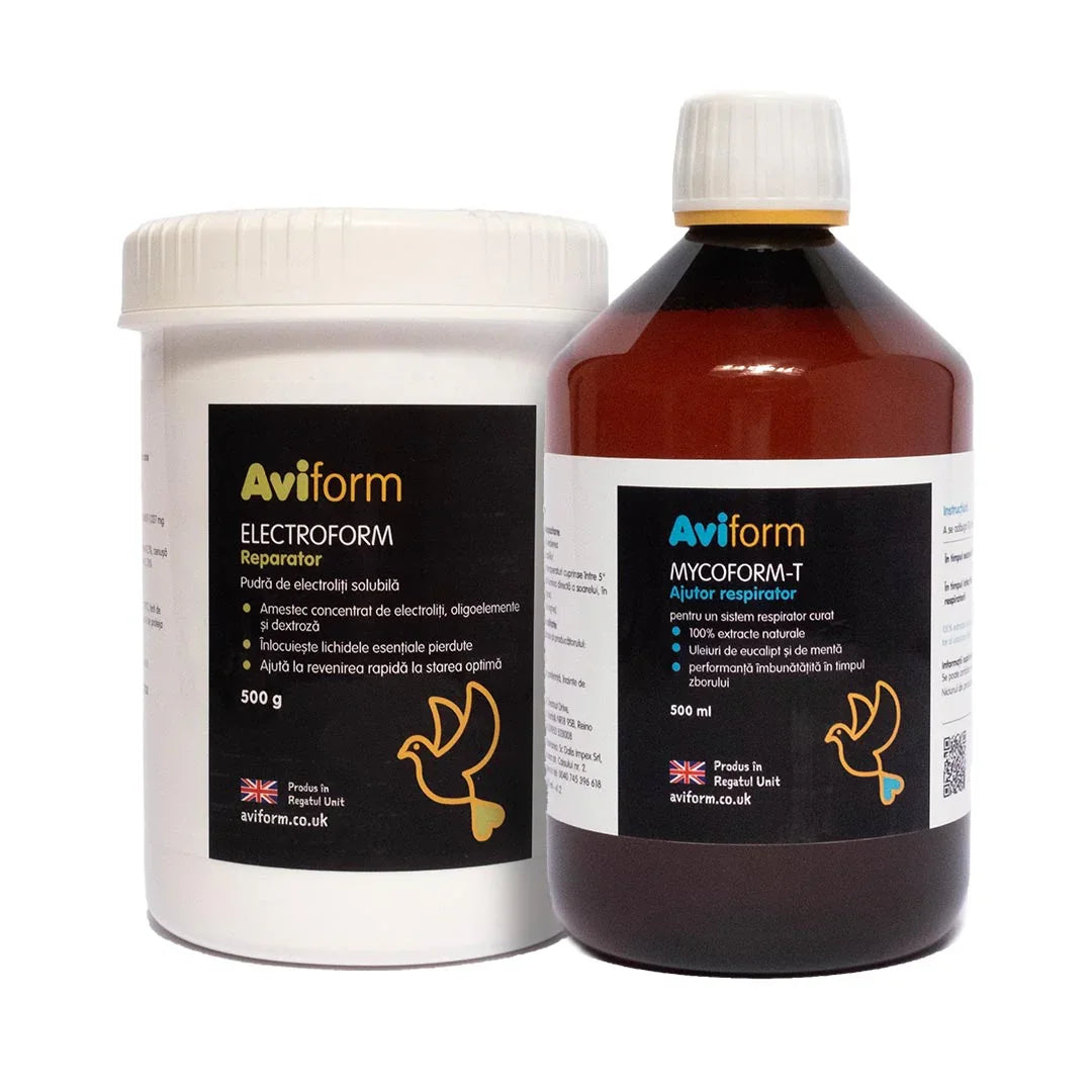 Aviform Electroform powder and Mycoform-T liquid supplements for bird respiratory health