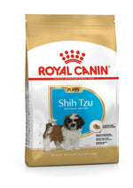 Royal Canin Shih Tzu puppy dog food bag with image of Shih Tzu puppy and nutritional benefits