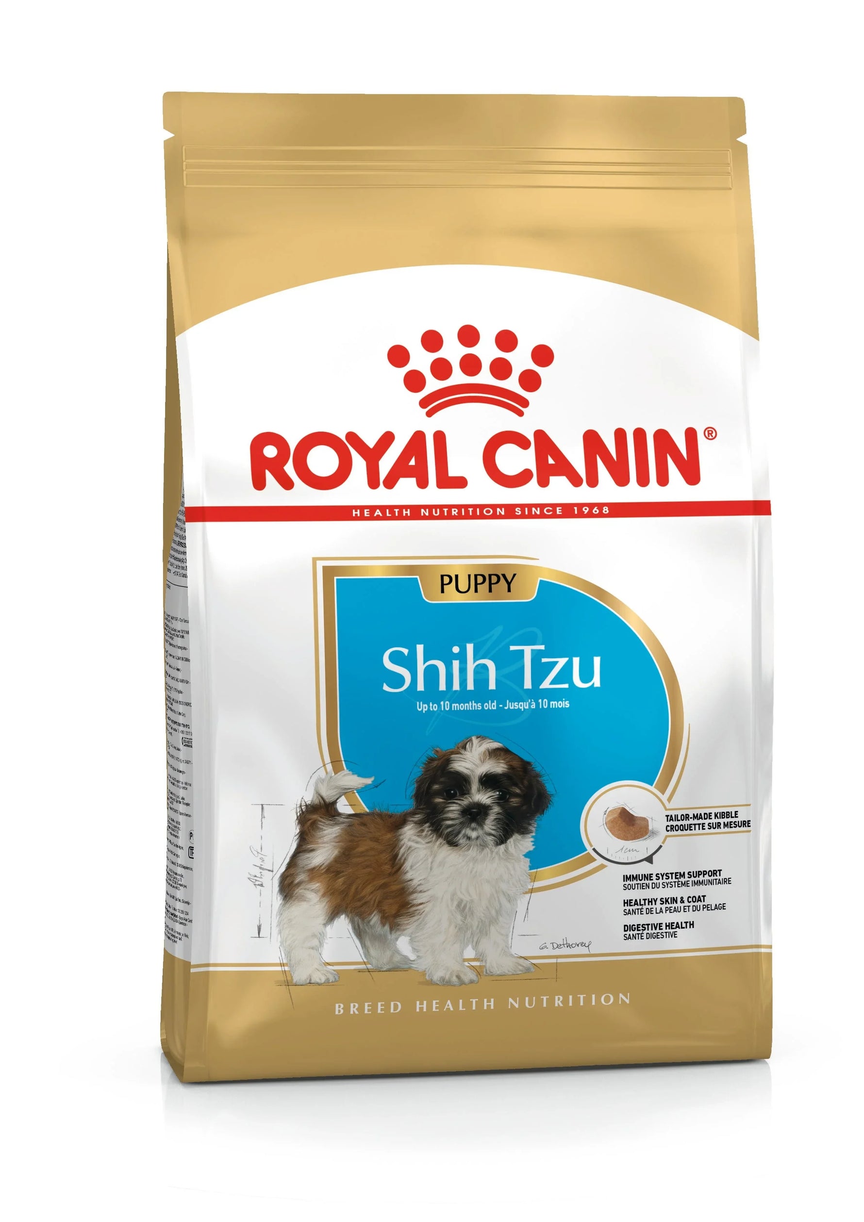 Royal Canin Shih Tzu puppy dog food bag with image of Shih Tzu puppy and nutritional benefits