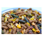 Close-up of mixed animal feed pellets with corn kernels and grains on a white plate