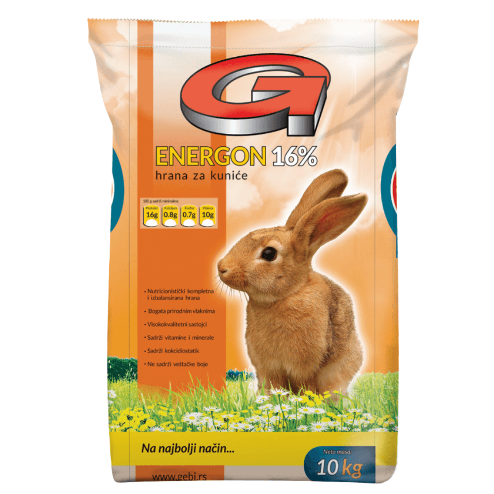 Energon 16% rabbit food bag with a brown rabbit on grassy meadow, 10kg nutritional feed
