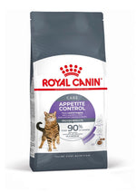 Royal Canin Appetite Control dry cat food bag with tabby cat image and nutrition claims