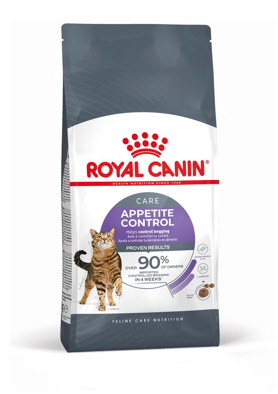 Royal Canin Appetite Control dry cat food bag with tabby cat image and nutrition claims