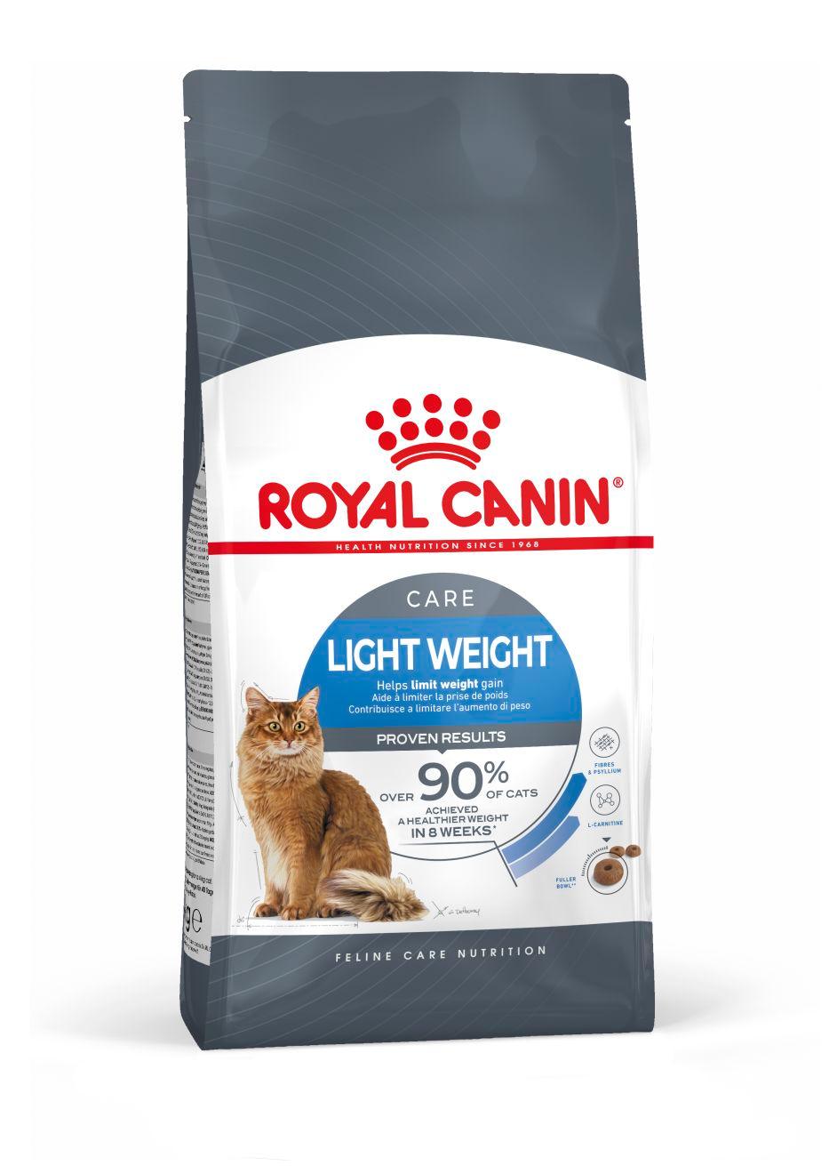 Royal Canin Light Weight cat food bag with image of brown cat and weight control benefits