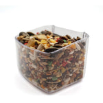 Clear plastic container filled with mixed bird seed including sunflower seeds and dried fruits